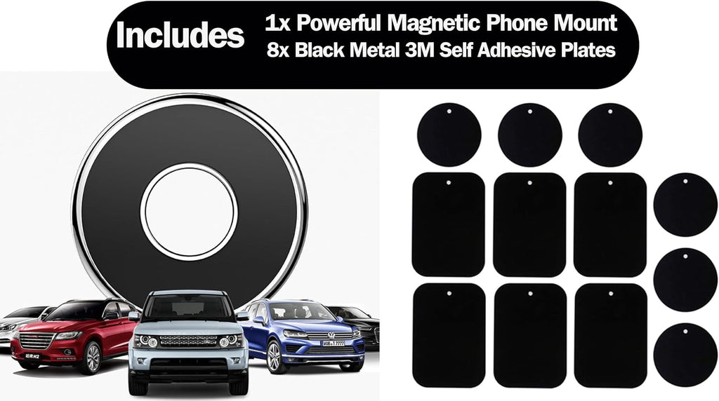 Magnetic Phone Mount for Car [Powerful Magnet] with [8 Pack] 3M Black Metal Plates Phone Holder for Car, Universal Magnetic Phone Mount Holder for Phones and Mobile Devices. (Black & Silver)